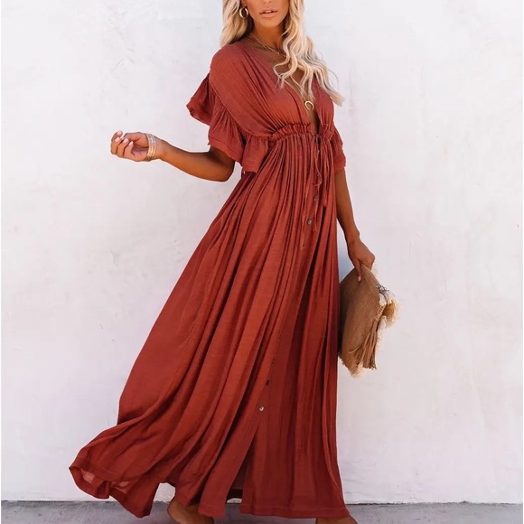 Gorgeous Rust Bohemian Button Down Vacation Flowy Ruffled Resort Maxi Dress - Picture 2 of 5